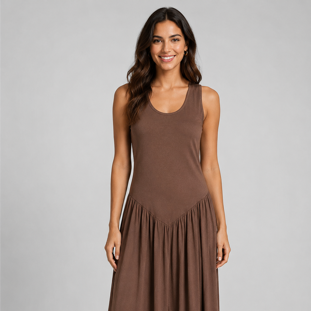Women's sleeveless maxi dress featuring a scoop neckline, fitted bodice, and flowing gathered skirt. Shown in a soft brown jersey fabric with a relaxed silhouette and maxi length, styled on a model against a light grey studio background.