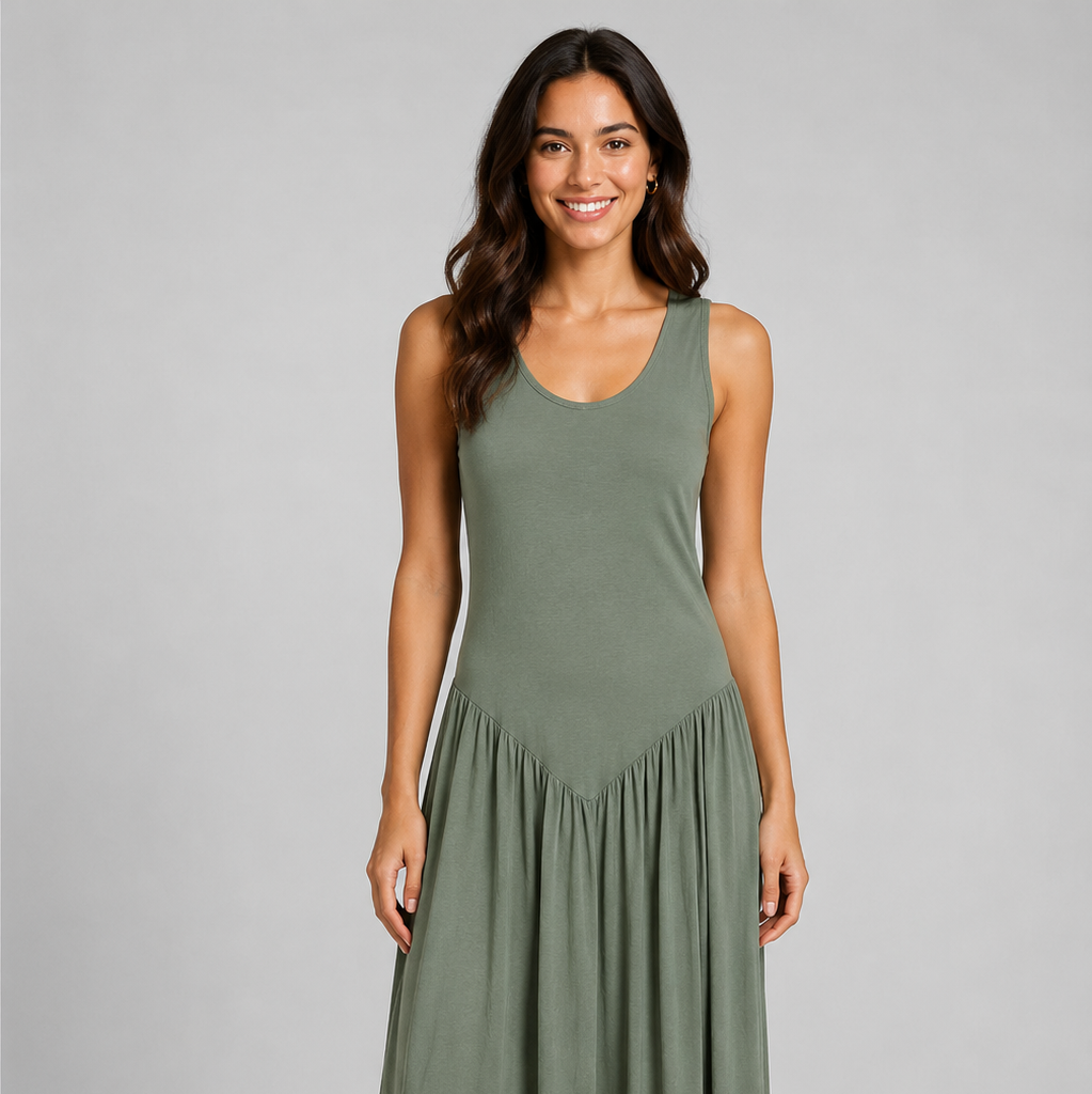 Women's sleeveless maxi dress featuring a scoop neckline, fitted bodice, and flowing gathered skirt. Shown in a soft brown jersey fabric with a relaxed silhouette and maxi length, styled on a model against a light grey studio background.