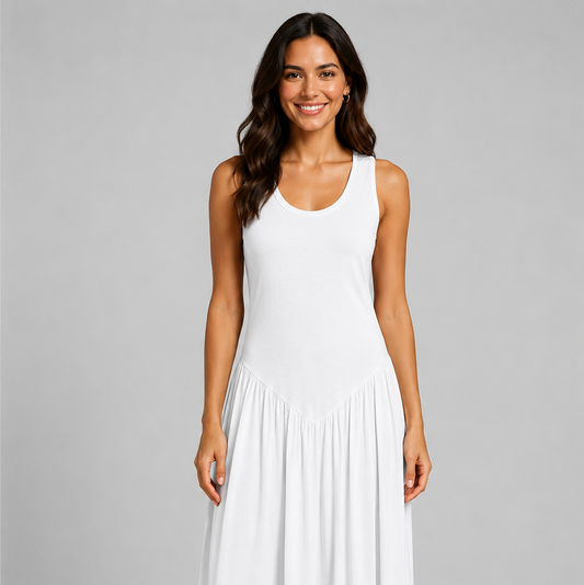 Women's sleeveless maxi dress featuring a scoop neckline, fitted bodice, and flowing gathered skirt. Shown in a soft brown jersey fabric with a relaxed silhouette and maxi length, styled on a model against a light grey studio background.