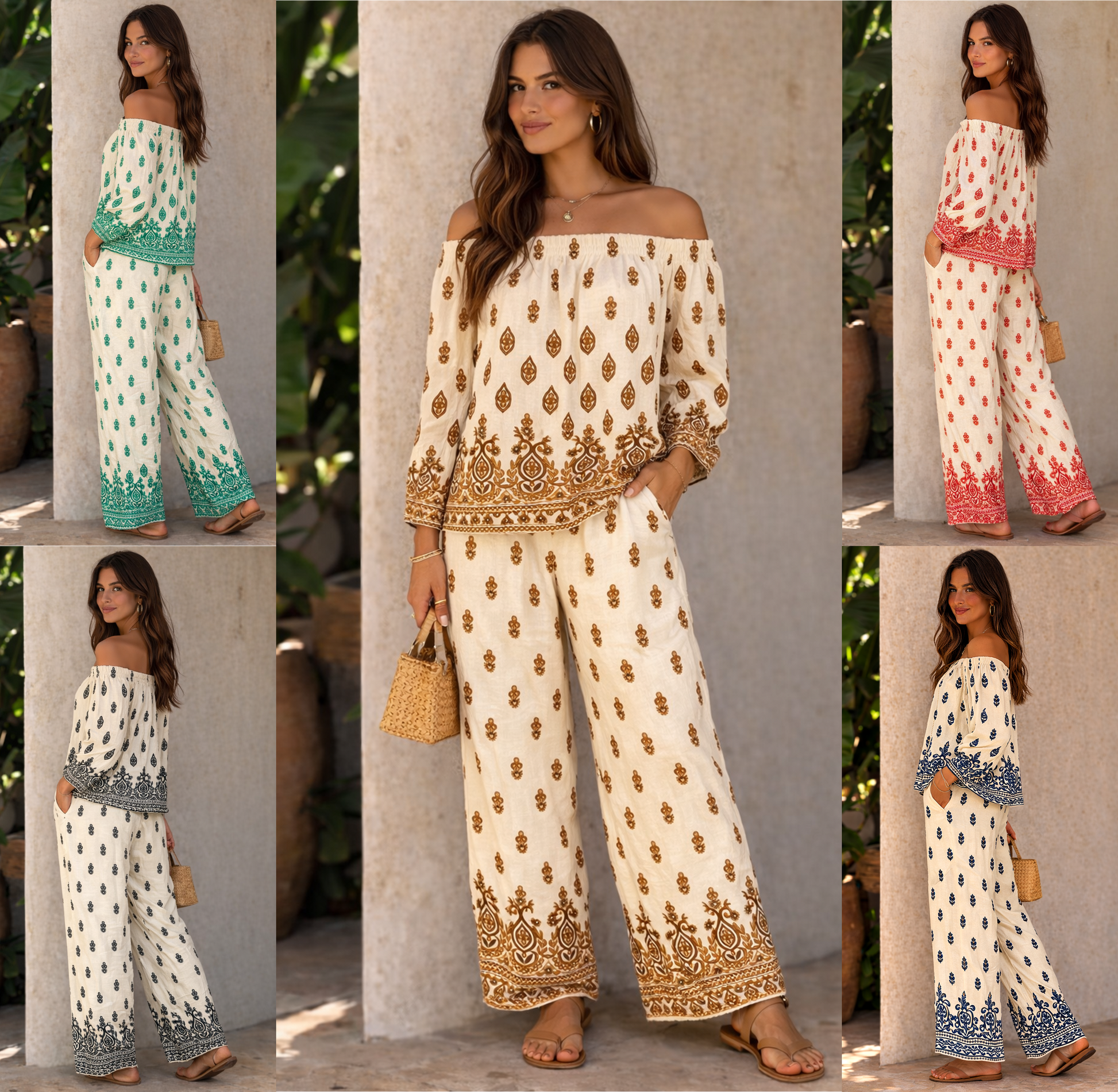 Women’s linen mix 2 piece co ord set off shoulder boho top and wide leg trousers printed summer outfit