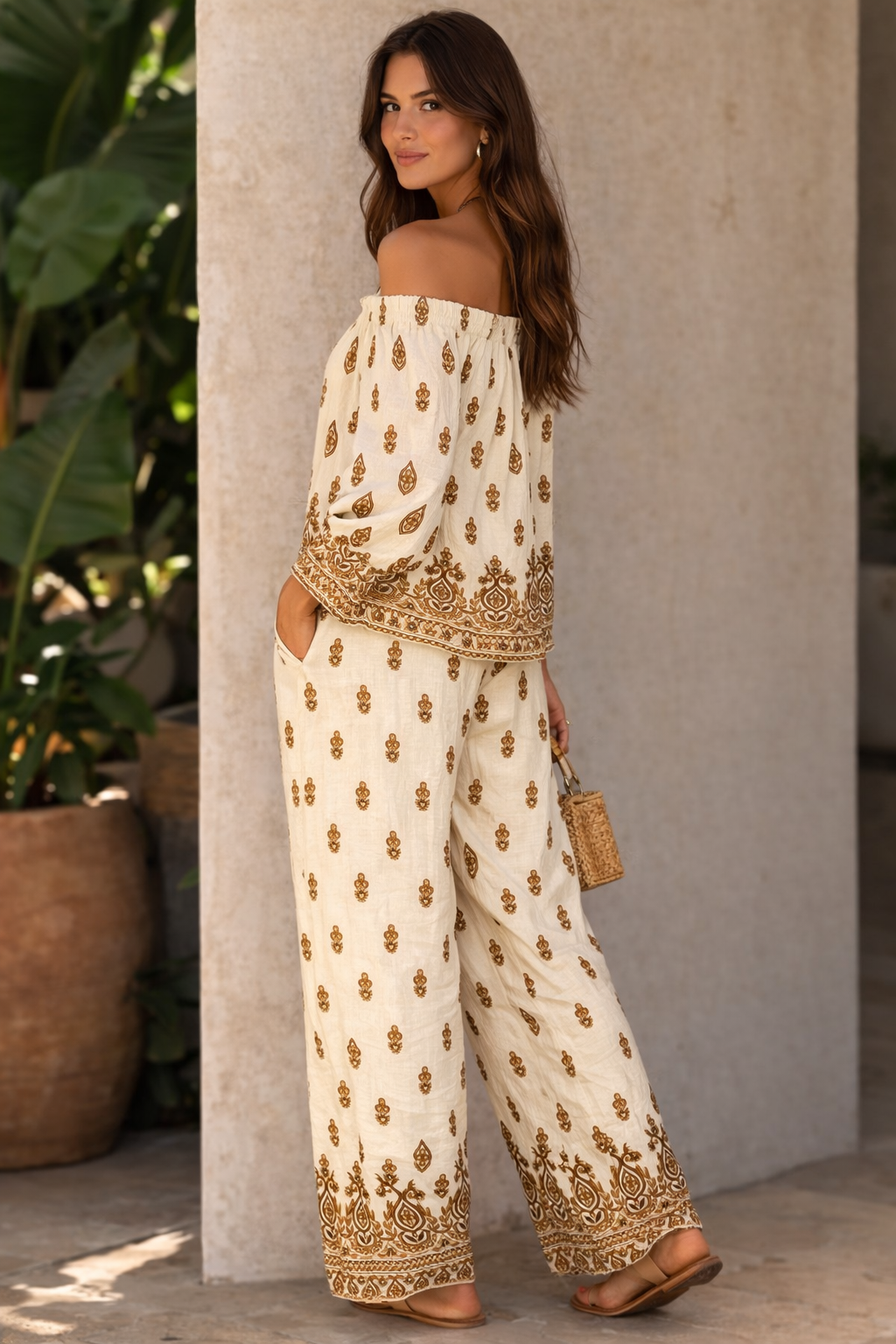 Women’s linen mix 2 piece co ord set off shoulder boho top and wide leg trousers caramel print summer outfit