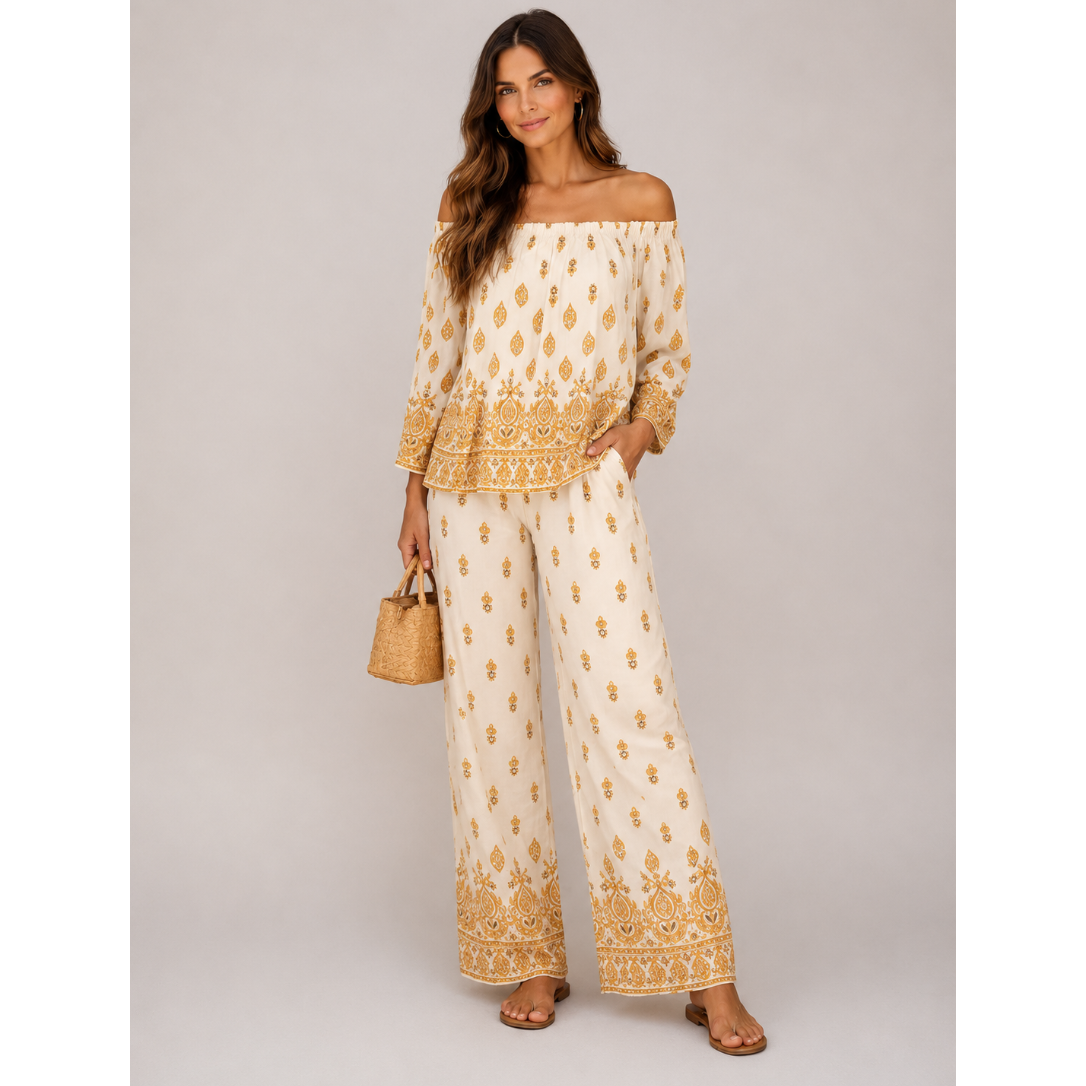 Women’s linen mix 2 piece co ord set off shoulder boho top and wide leg trousers mustard yellow print summer outfit