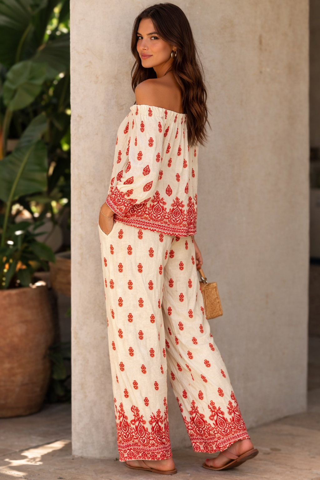 Women’s linen mix 2 piece co ord set off shoulder boho top and wide leg trousers red print summer outfit