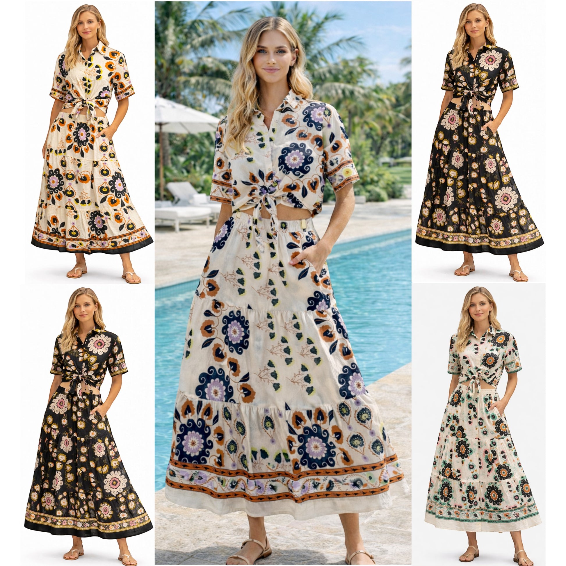 Floral two-piece linen blend set tie front crop top and skirt summer outfit