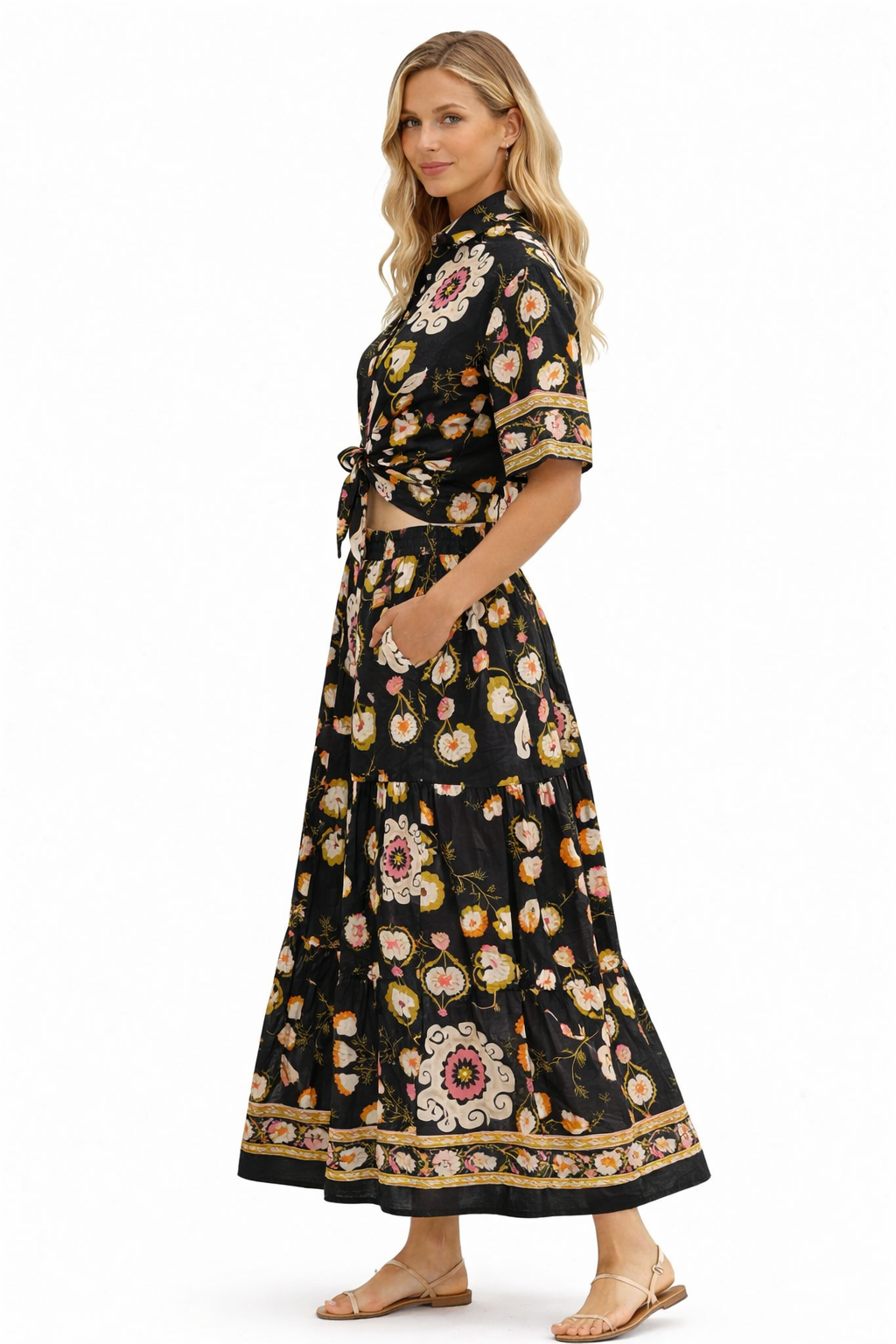 Floral two-piece linen blend set tie front crop top and skirt summer outfit