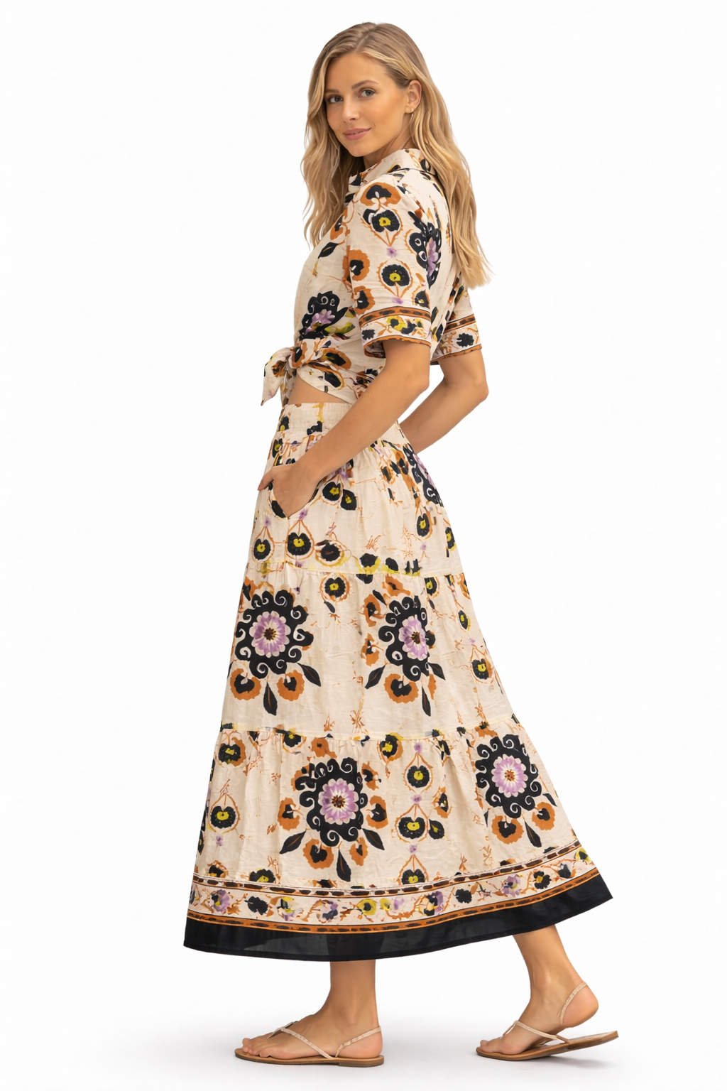 Floral two-piece linen blend set tie front crop top and skirt summer outfit