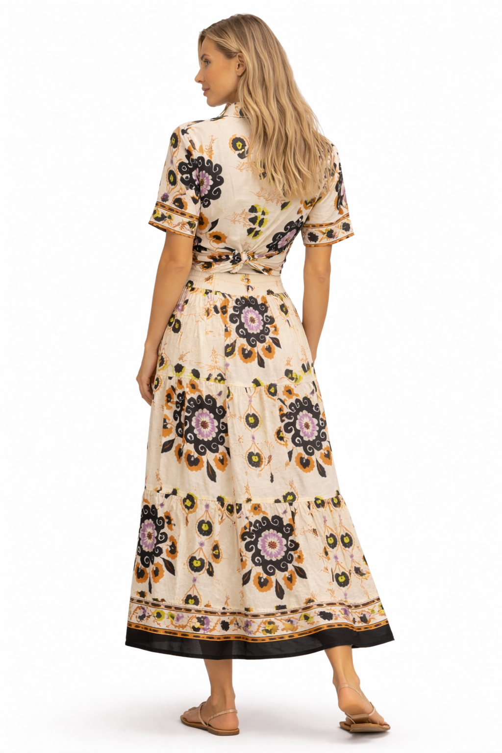 Floral two-piece linen blend set tie front crop top and skirt summer outfit