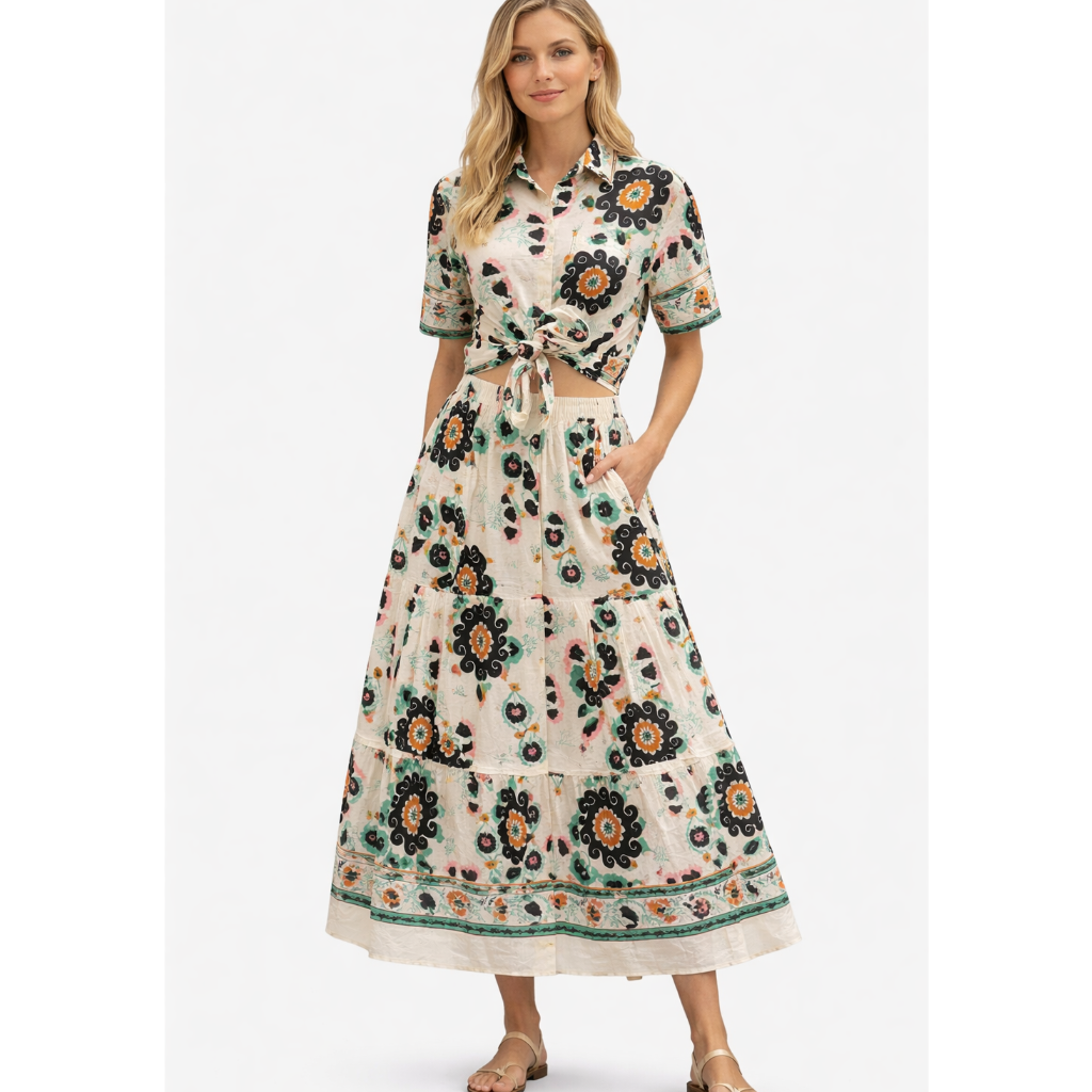 Floral two-piece linen blend set tie front crop top and skirt summer outfit