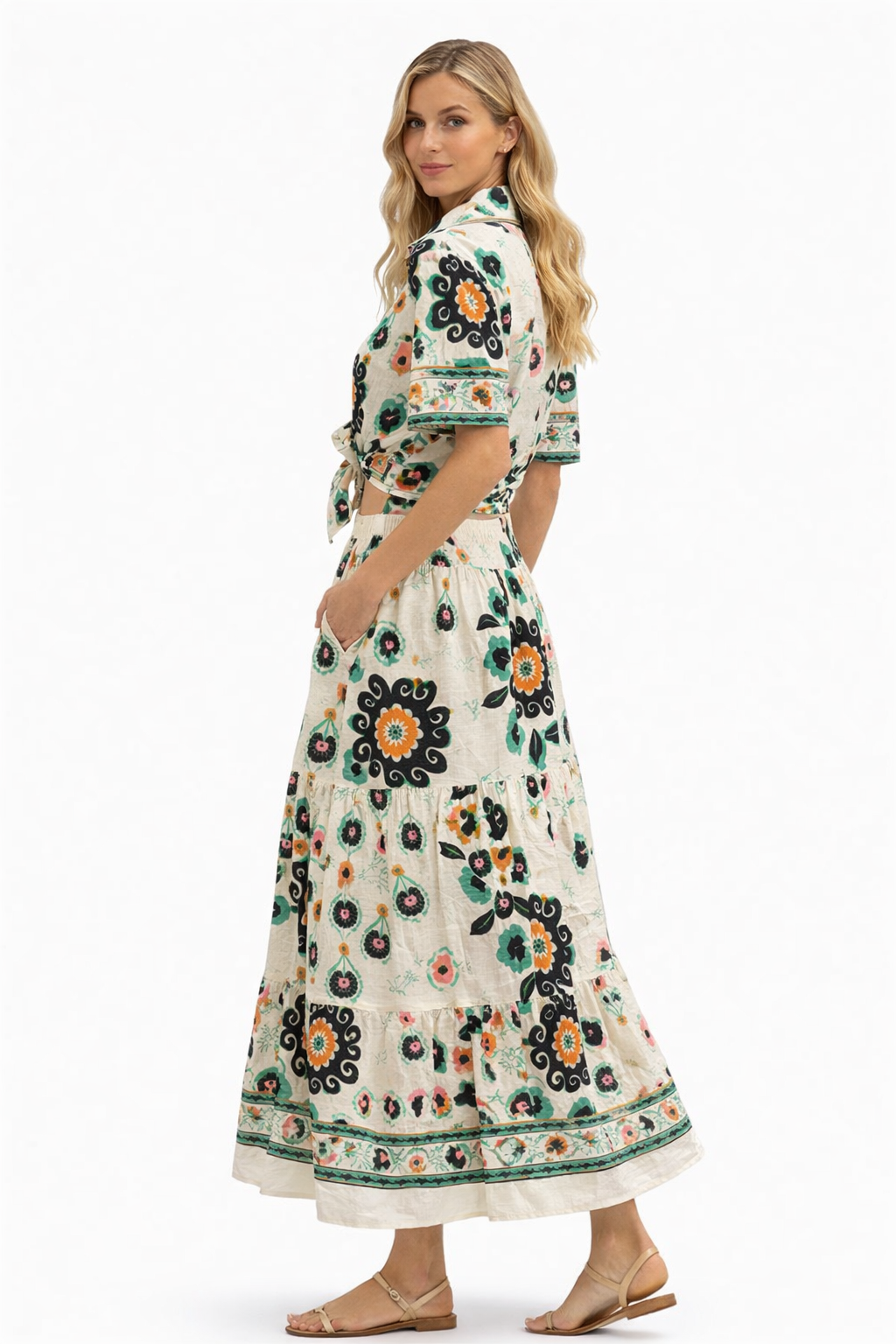 Floral two-piece linen blend set tie front crop top and skirt summer outfit
