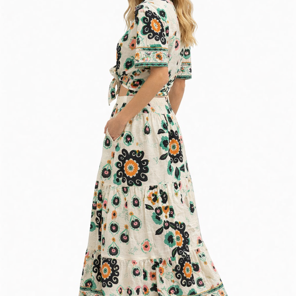Ladies 2 Piece Floral Co-Ord Set – Tie Up Top & Skirt