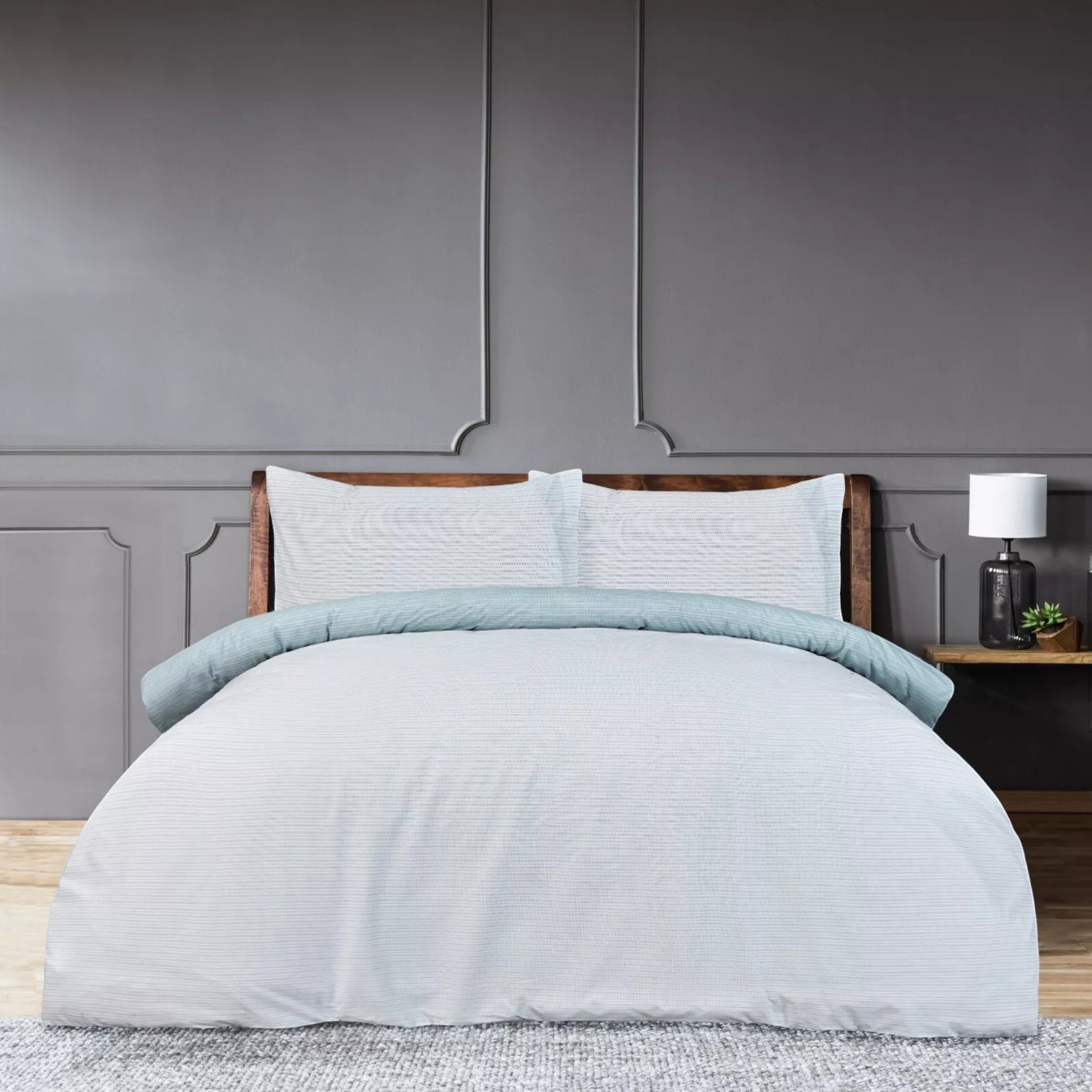 Sleepdown Pinstripe Blue reversible microfibre duvet cover set with subtle blue and white pinstripe design available in single, double or king size.