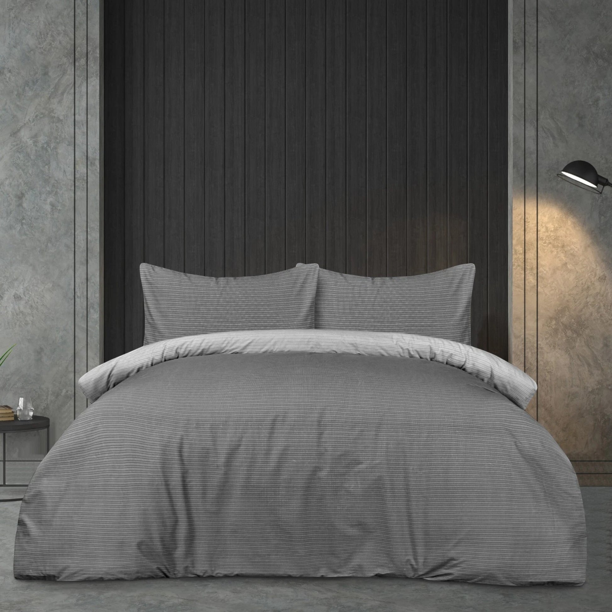Sleepdown Pinstripe Blue reversible microfibre duvet cover set with subtle grey, white and black pinstripe design available in single, double or king size.
