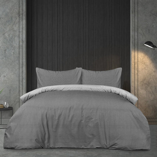 Sleepdown Pinstripe Blue reversible microfibre duvet cover set with subtle grey, white and black pinstripe design available in single, double or king size.