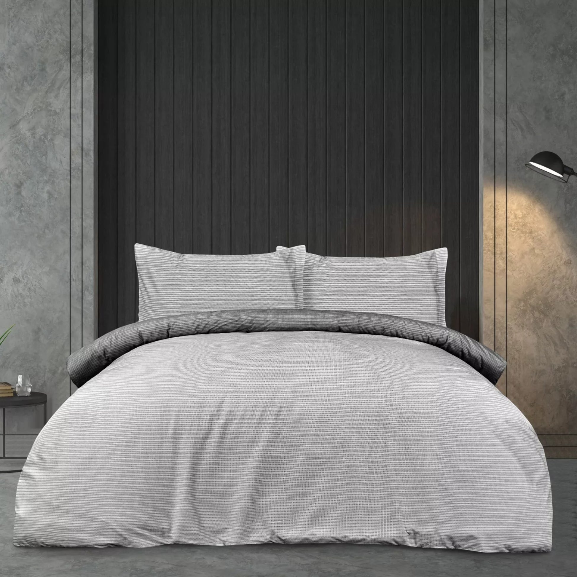 Sleepdown Pinstripe Blue reversible microfibre duvet cover set with subtle grey, white and black pinstripe design available in single, double or king size.