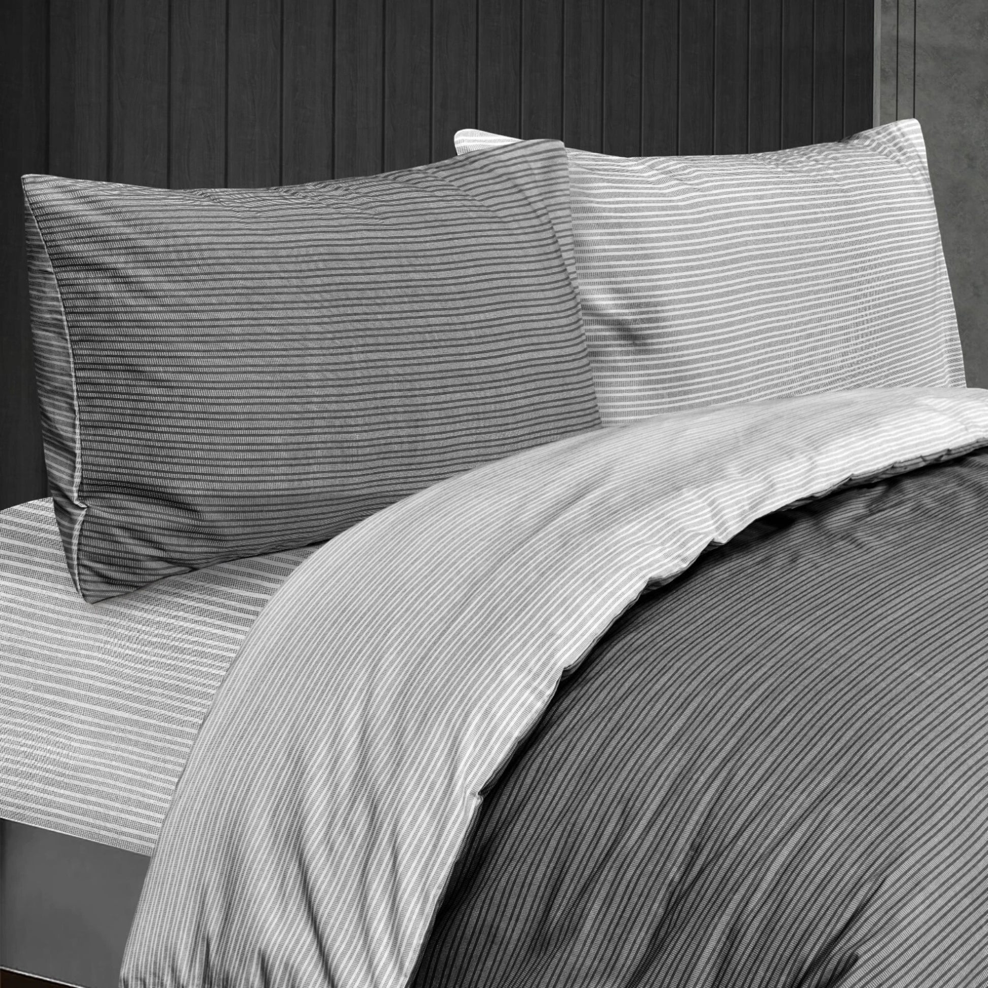 Sleepdown Pinstripe Blue reversible microfibre duvet cover set with subtle grey, white and black pinstripe design available in single, double or king size.