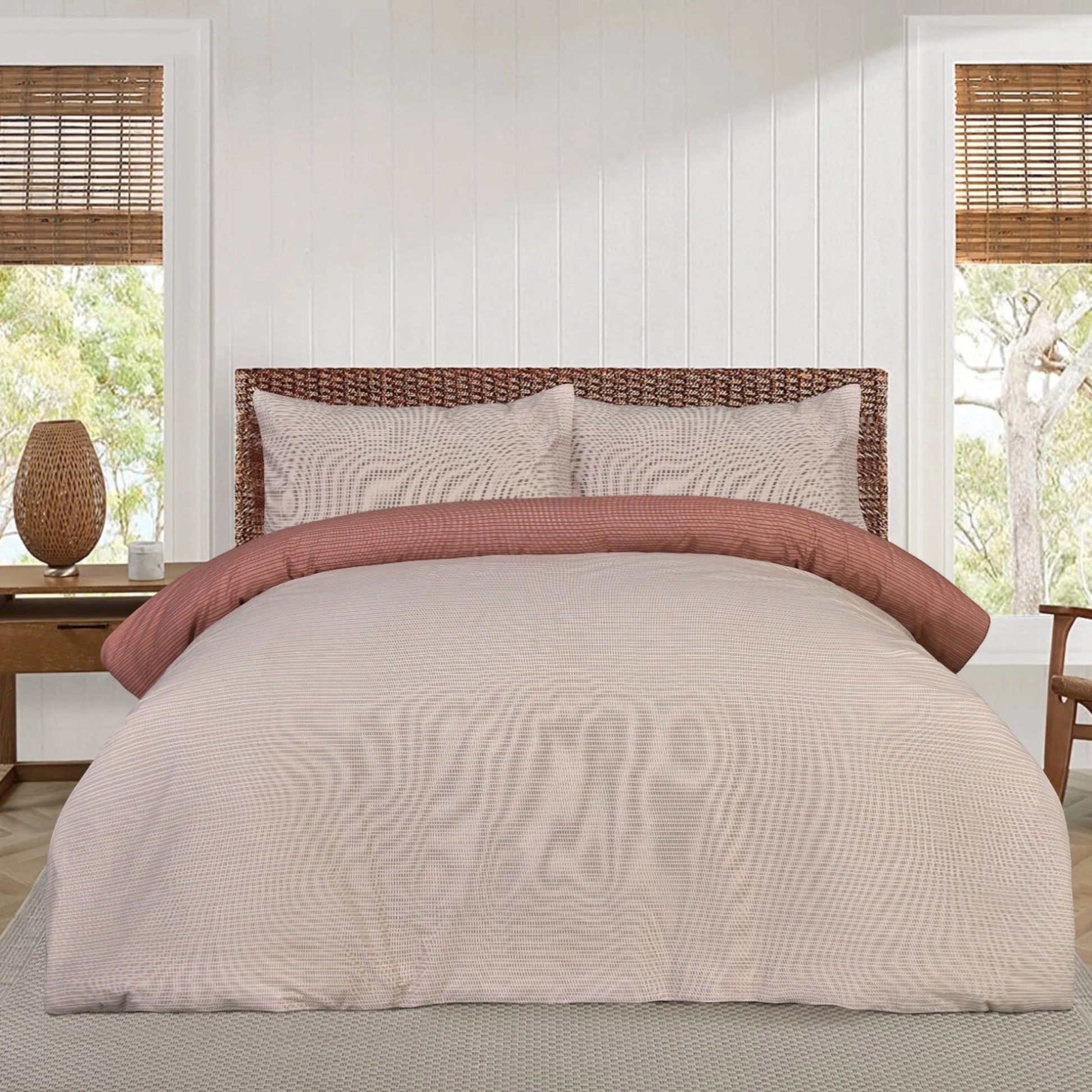 Sleepdown Pinstripe Blue reversible microfibre duvet cover set with subtle rust and white pinstripe design available in single, double or king size.