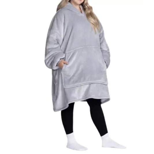 Ladies unisex oversized hoodie blanket snood snoodie in grey – soft fleece wearable blanket with hood and large pocket, cozy warm loungewear.