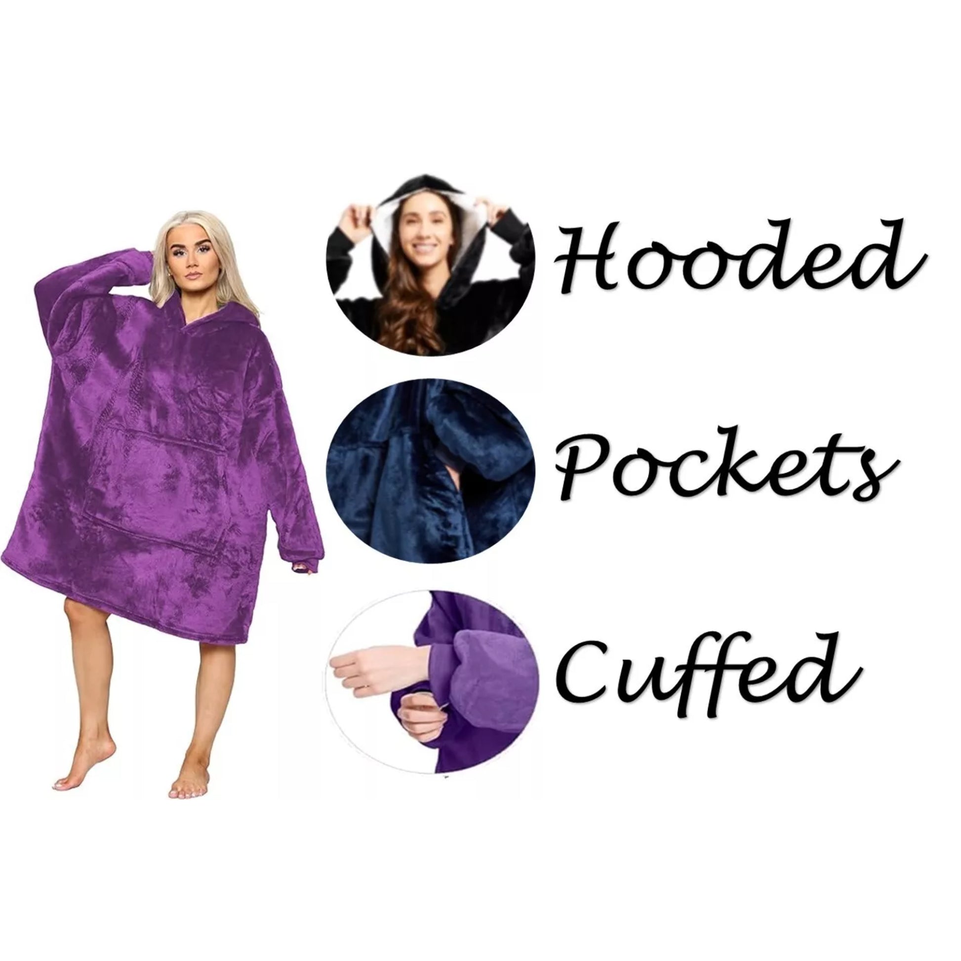Ladies unisex oversized hoodie blanket snood snoodie in black, navy, grey, purple and pink – soft fleece wearable blanket with hood and large pocket, cozy warm loungewear.