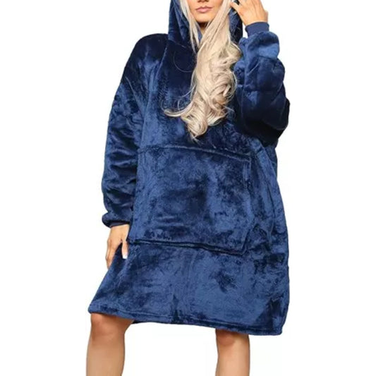 Ladies unisex oversized hoodie blanket snood snoodie in navy – soft fleece wearable blanket with hood and large pocket, cozy warm loungewear.