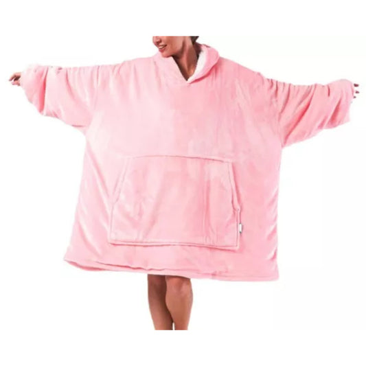 Ladies unisex oversized hoodie blanket snood snoodie in pink – soft fleece wearable blanket with hood and large pocket, cozy warm loungewear.