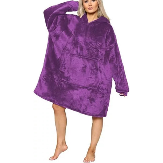 Ladies unisex oversized hoodie blanket snood snoodie in purple plum – soft fleece wearable blanket with hood and large pocket, cozy warm loungewear.