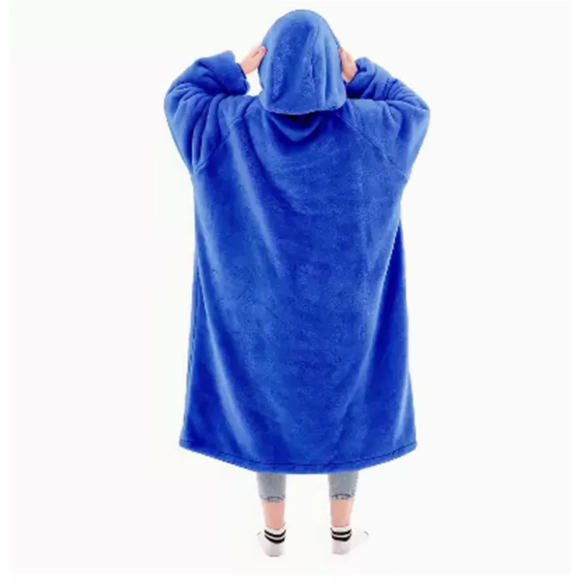 Ladies unisex oversized hoodie blanket snood snoodie in royal blue – soft fleece wearable blanket with hood and large pocket, cozy warm loungewear.