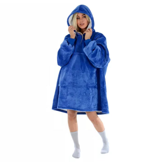 Ladies unisex oversized hoodie blanket snood snoodie in royal blue – soft fleece wearable blanket with hood and large pocket, cozy warm loungewear.