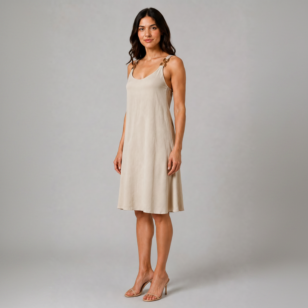 Beige sleeveless knee-length swing dress with a scoop neckline, subtle tonal texture and gold-tone chain-link shoulder details.