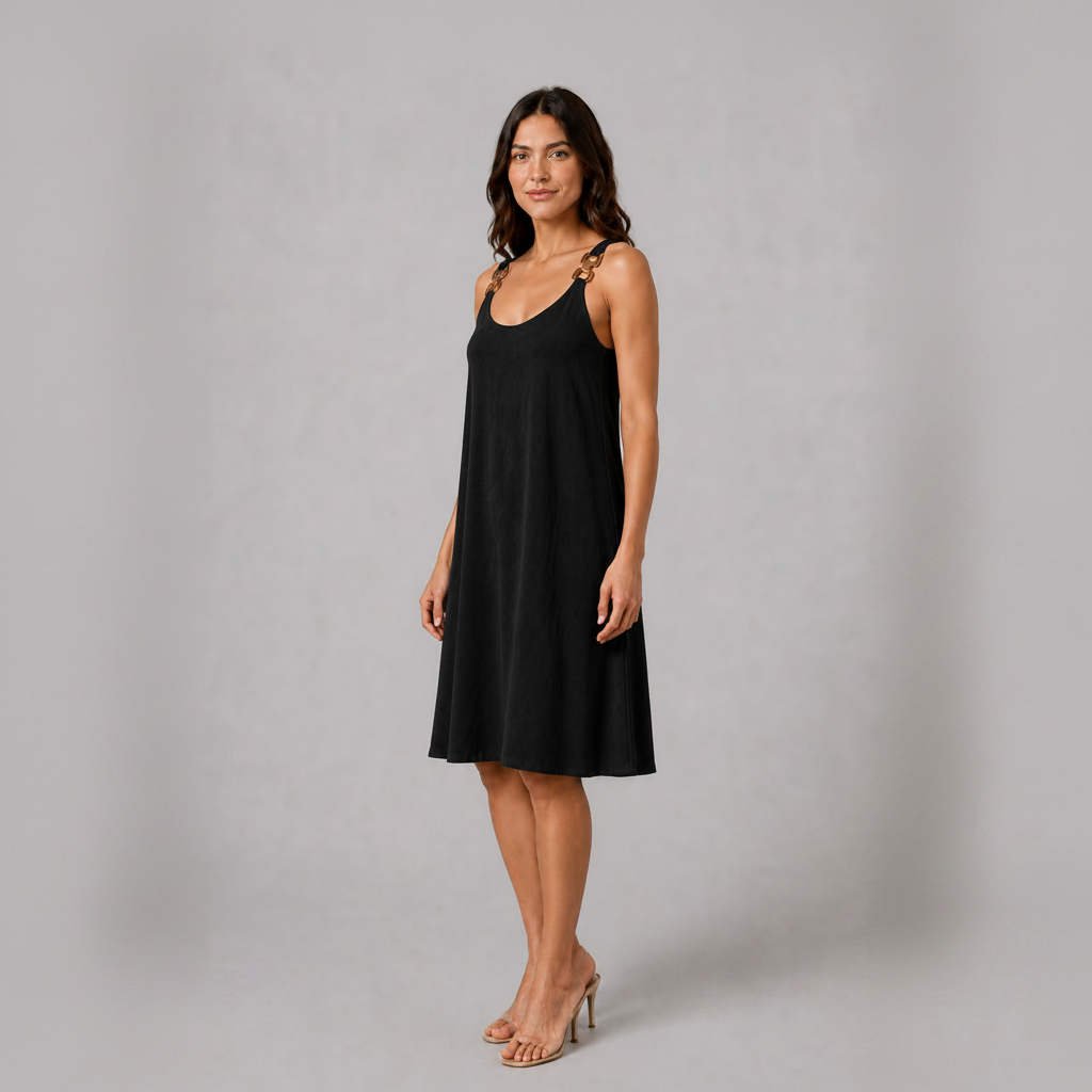 Black sleeveless knee-length swing dress with a scoop neckline, subtle tonal texture and gold-tone chain-link shoulder details.