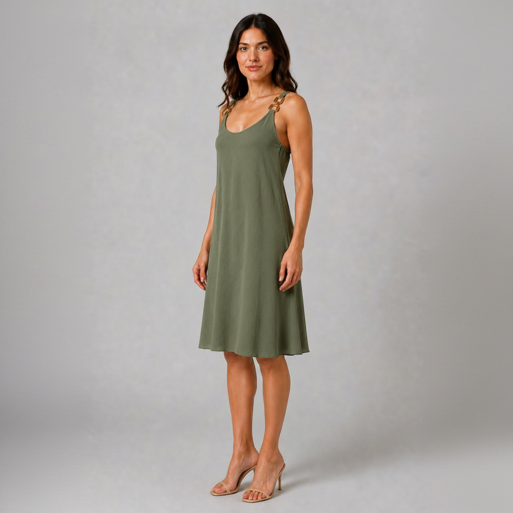 Olive sleeveless knee-length swing dress with a scoop neckline, subtle tonal texture and gold-tone chain-link shoulder details.