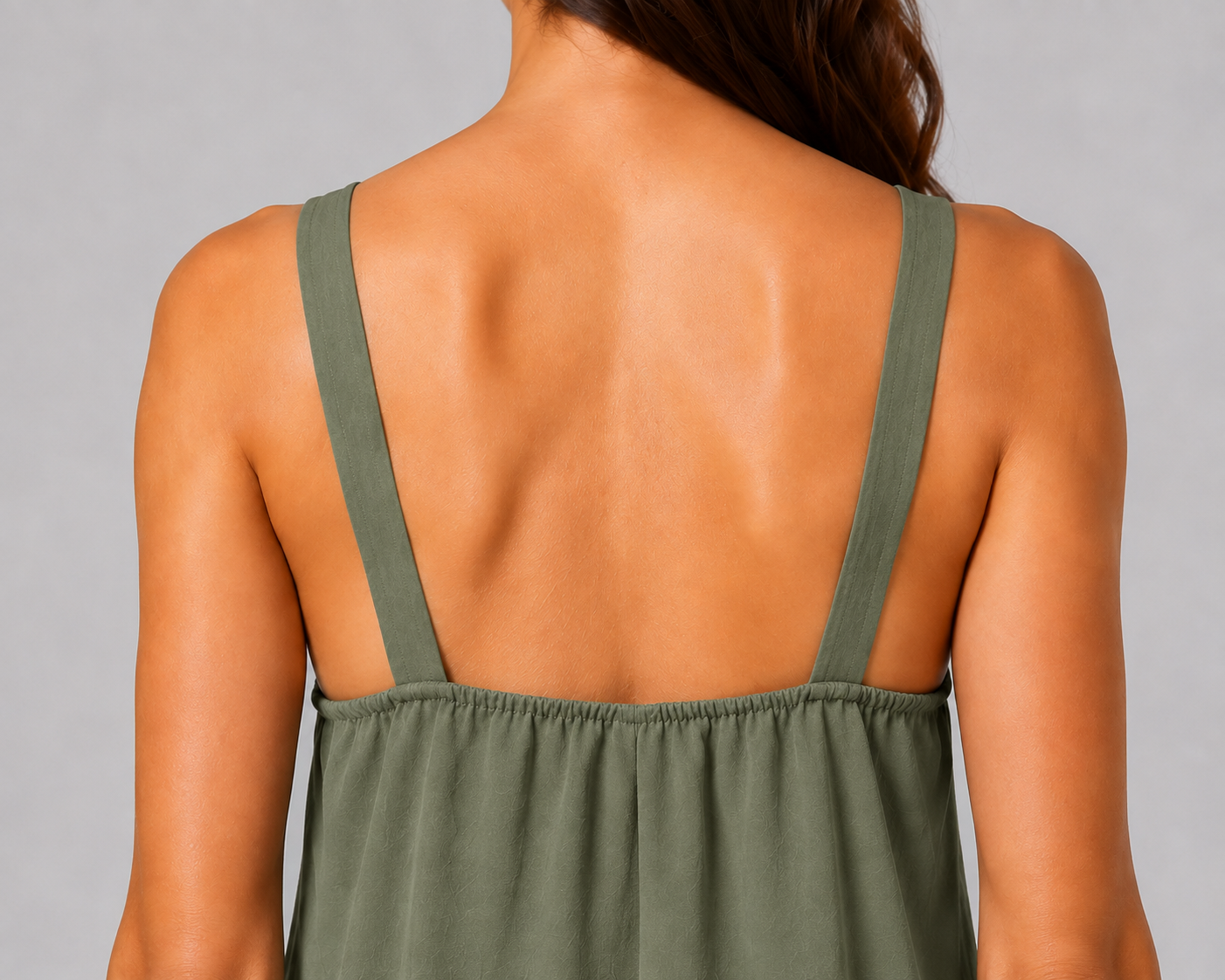 Olive sleeveless knee-length swing dress with a scoop neckline, subtle tonal texture and gold-tone chain-link shoulder details.