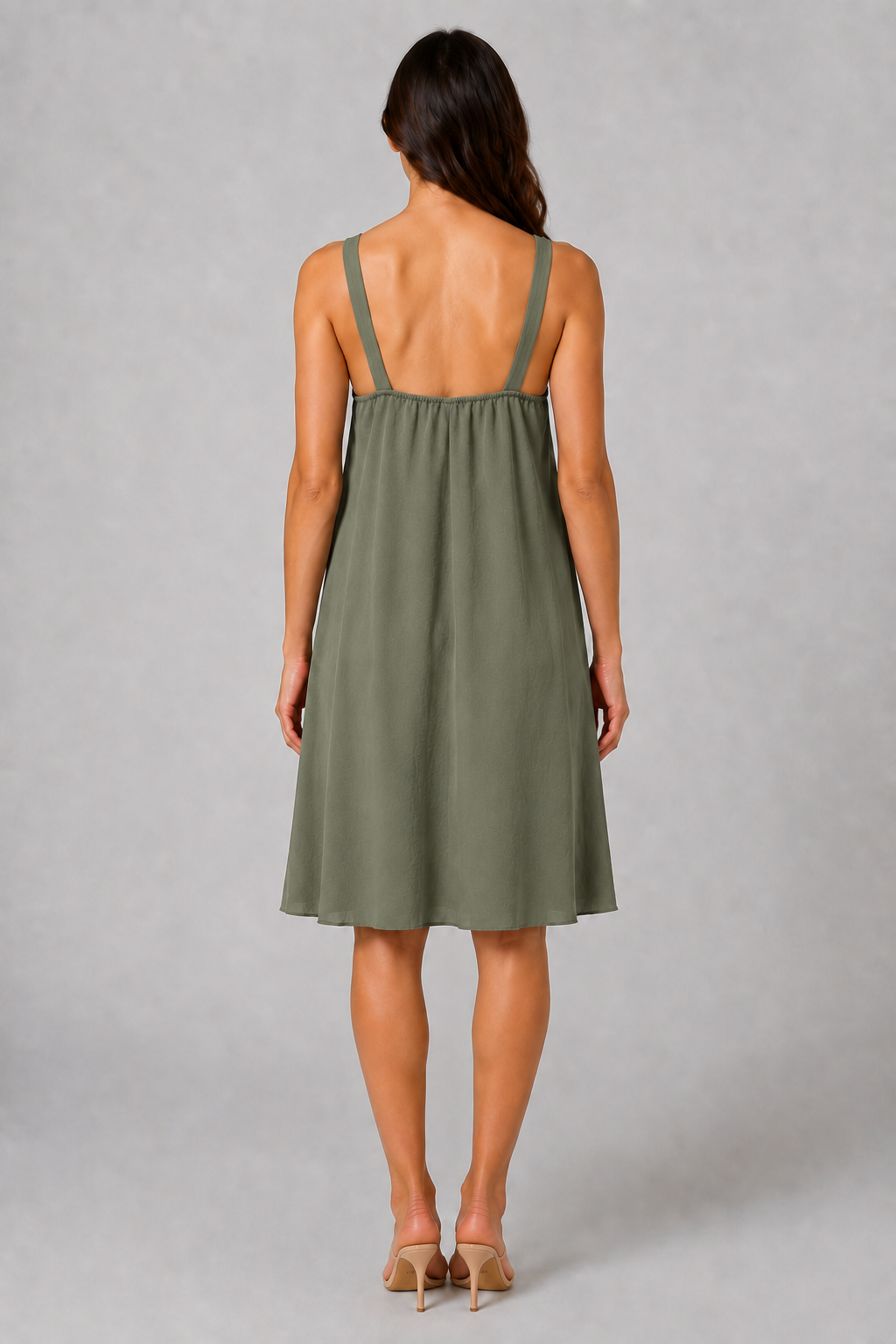 Olive sleeveless knee-length swing dress with a scoop neckline, subtle tonal texture and gold-tone chain-link shoulder details.