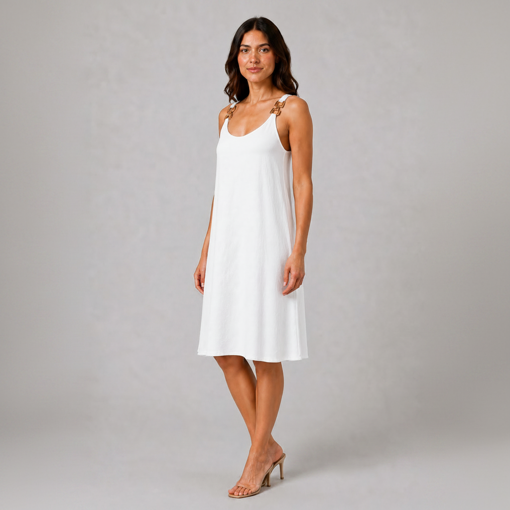 White sleeveless knee-length swing dress with a scoop neckline, subtle tonal texture and gold-tone chain-link shoulder details.