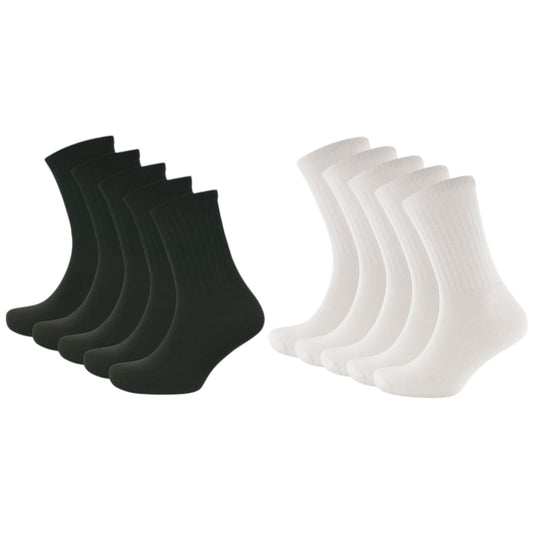 Men's long-lasting sports socks multipack in black and white, available in 3, 6, or 12 pairs – durable, breathable athletic socks for everyday wear.
