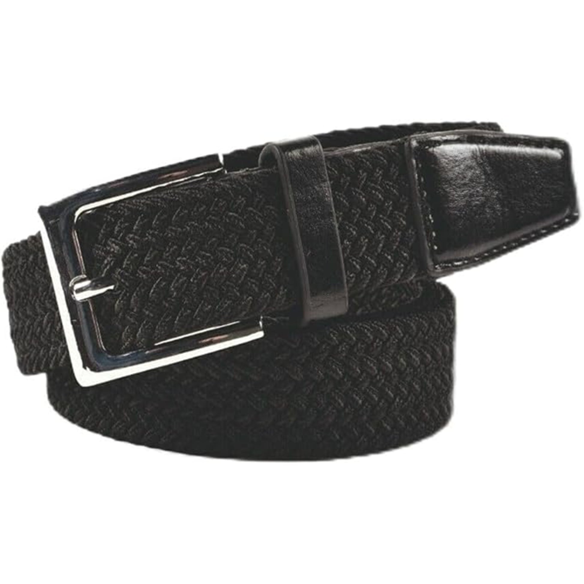 Nicky Adams unisex 1.25 inch leather stretchy belt in black with silver buckle