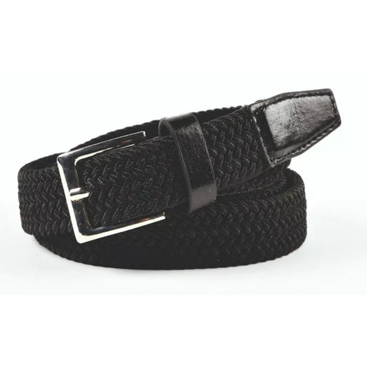 Nicky Adams 1 inch black stretchy belt with silver buckle and leather trim