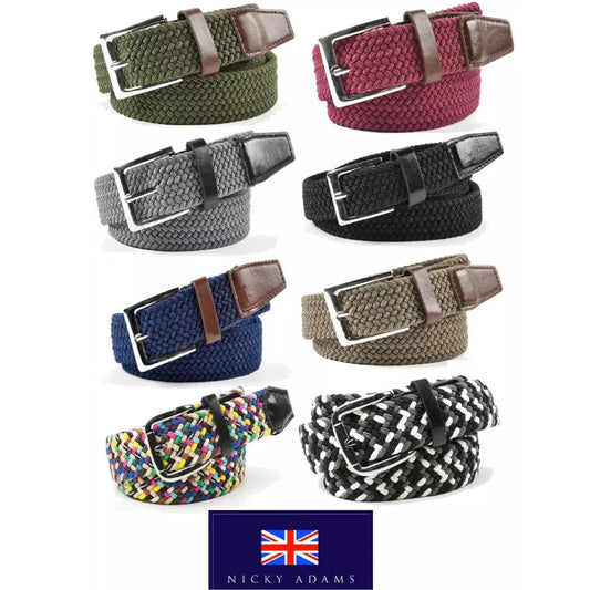 Nicky Adams unisex 1.25 inch leather stretchy belt in multiple colours with silver buckle