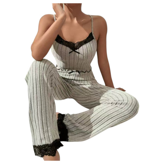 Women's grey ribbed lounge pyjama set with black lace trim – soft sleeveless top and wide-leg bottoms for cozy sleepwear or loungewear