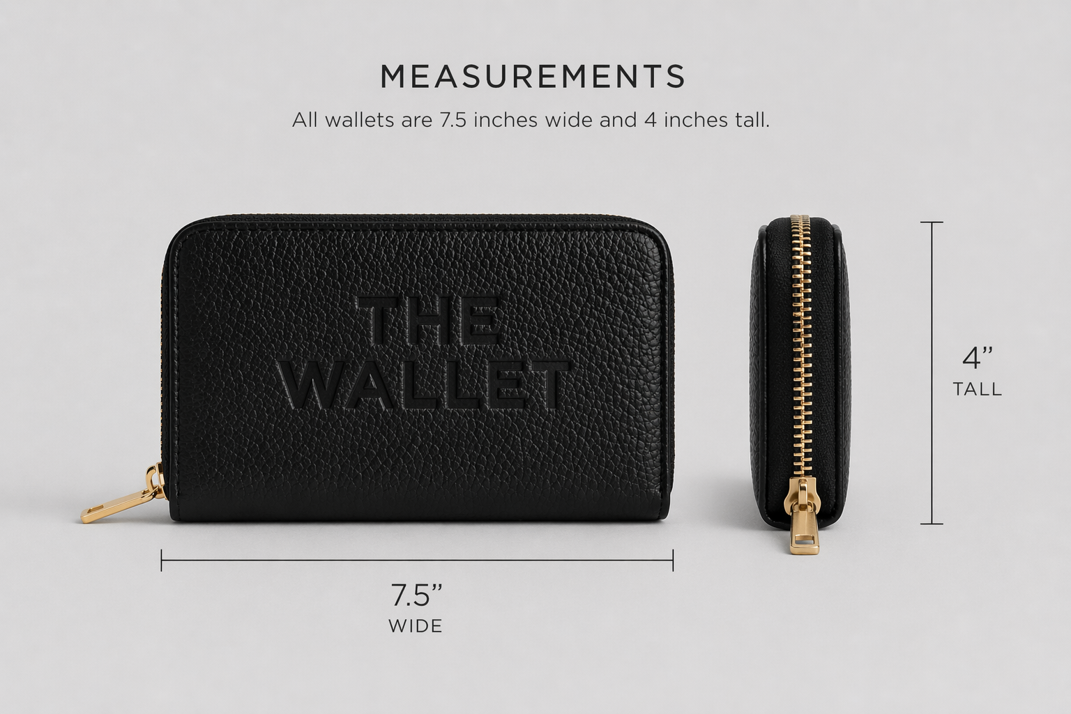 Shop our black zip around wallet purse with a luxe pebbled finish and gold zip. Compact, stylish & perfect for everyday use. 7.5” wide.