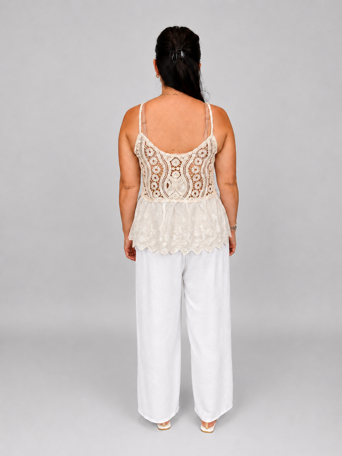 Women's Cream Crochet Lace Peplum Cami Top with Adjustable Straps – Lightweight Boho Summer Vest