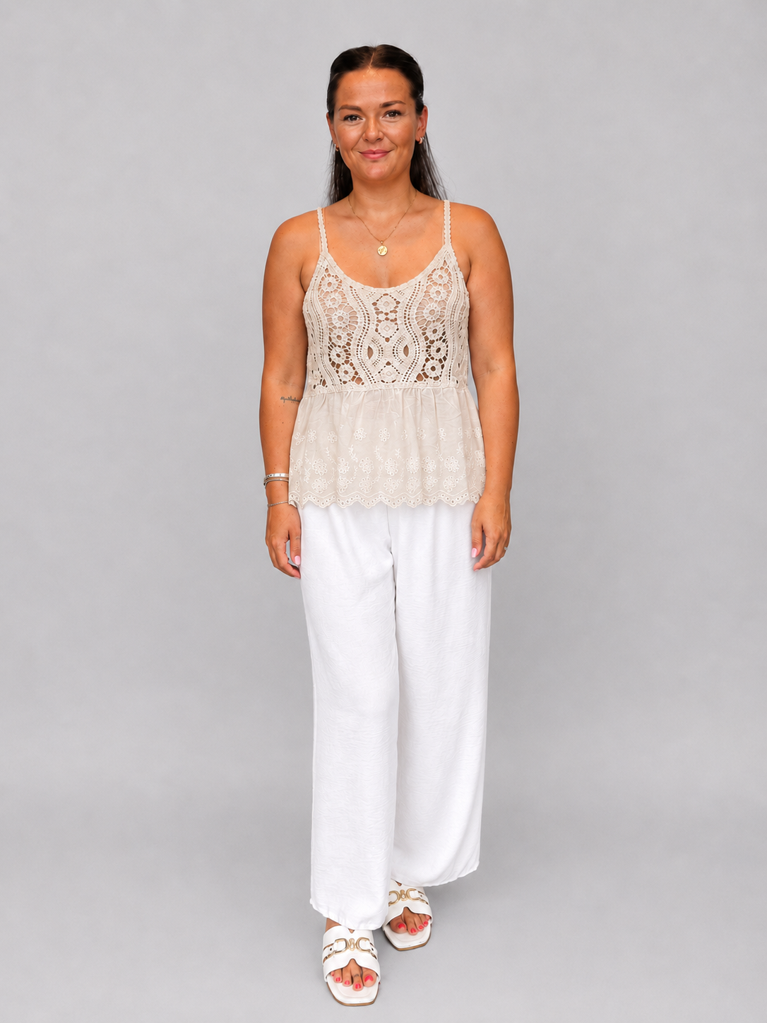 Women's Cream Crochet Lace Peplum Cami Top with Adjustable Straps – Lightweight Boho Summer Vest