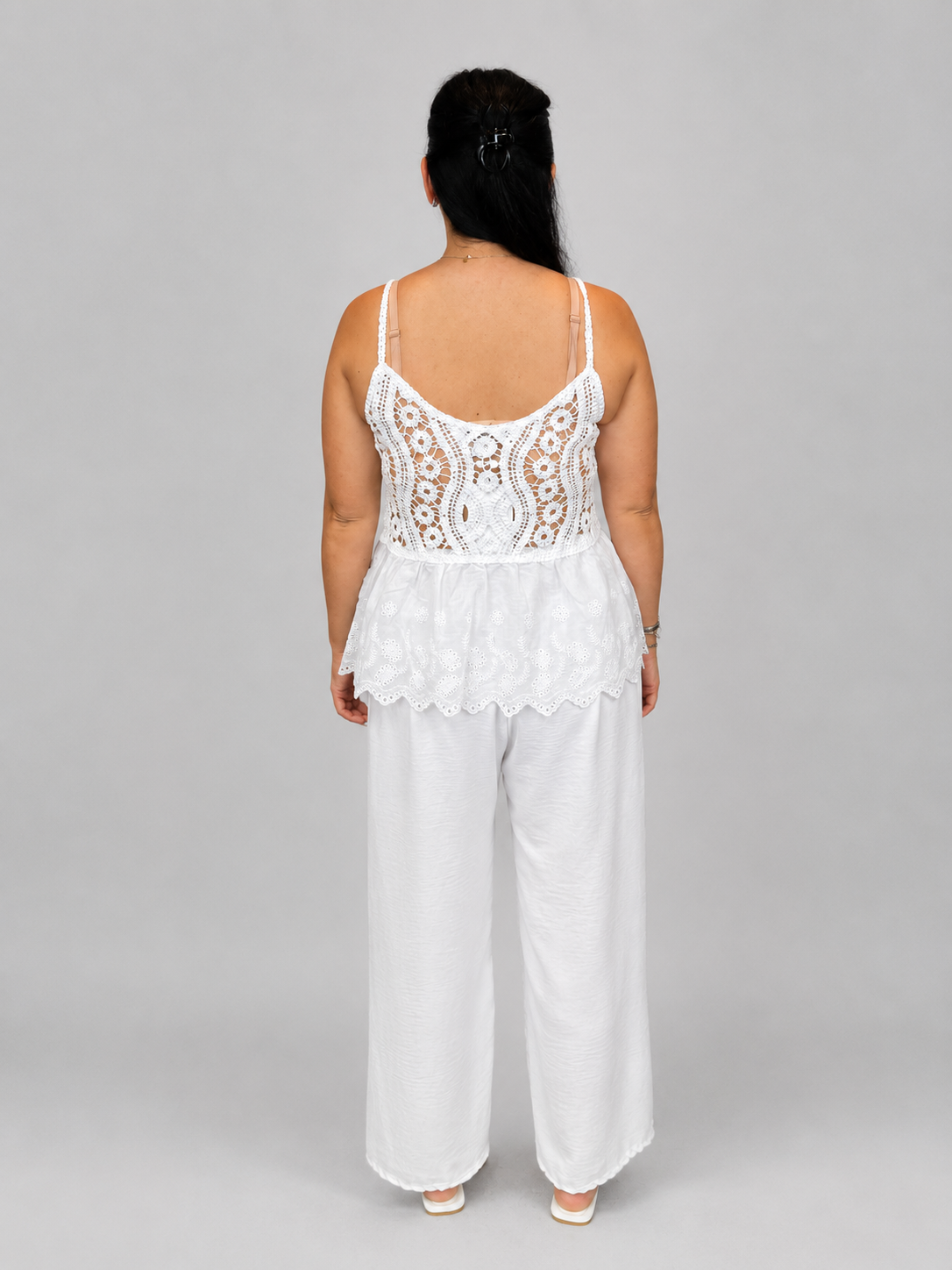 Women's Cream Crochet Lace Peplum Cami Top with Adjustable Straps – Lightweight Boho Summer Vest