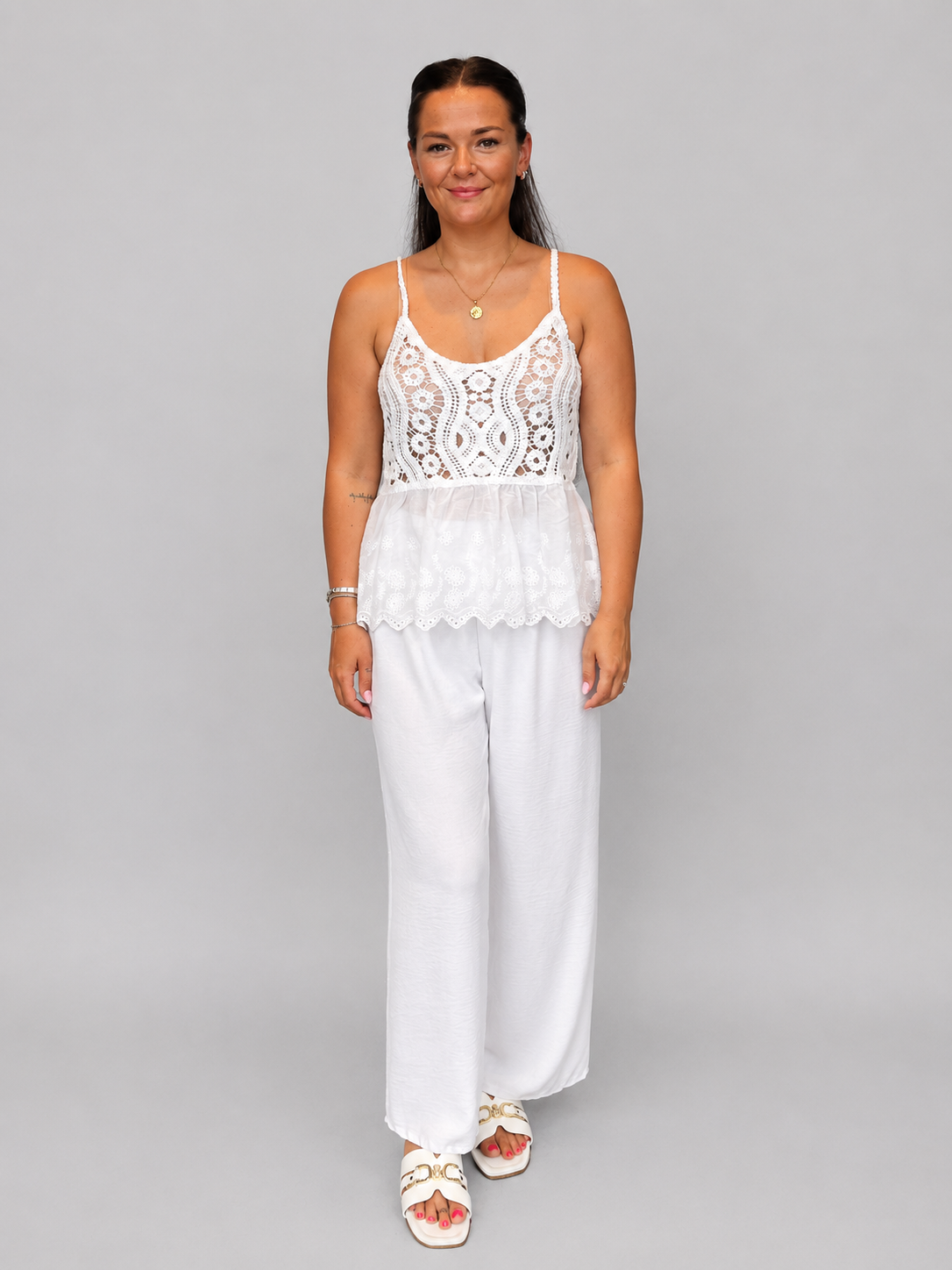 Women's Cream Crochet Lace Peplum Cami Top with Adjustable Straps – Lightweight Boho Summer Vest