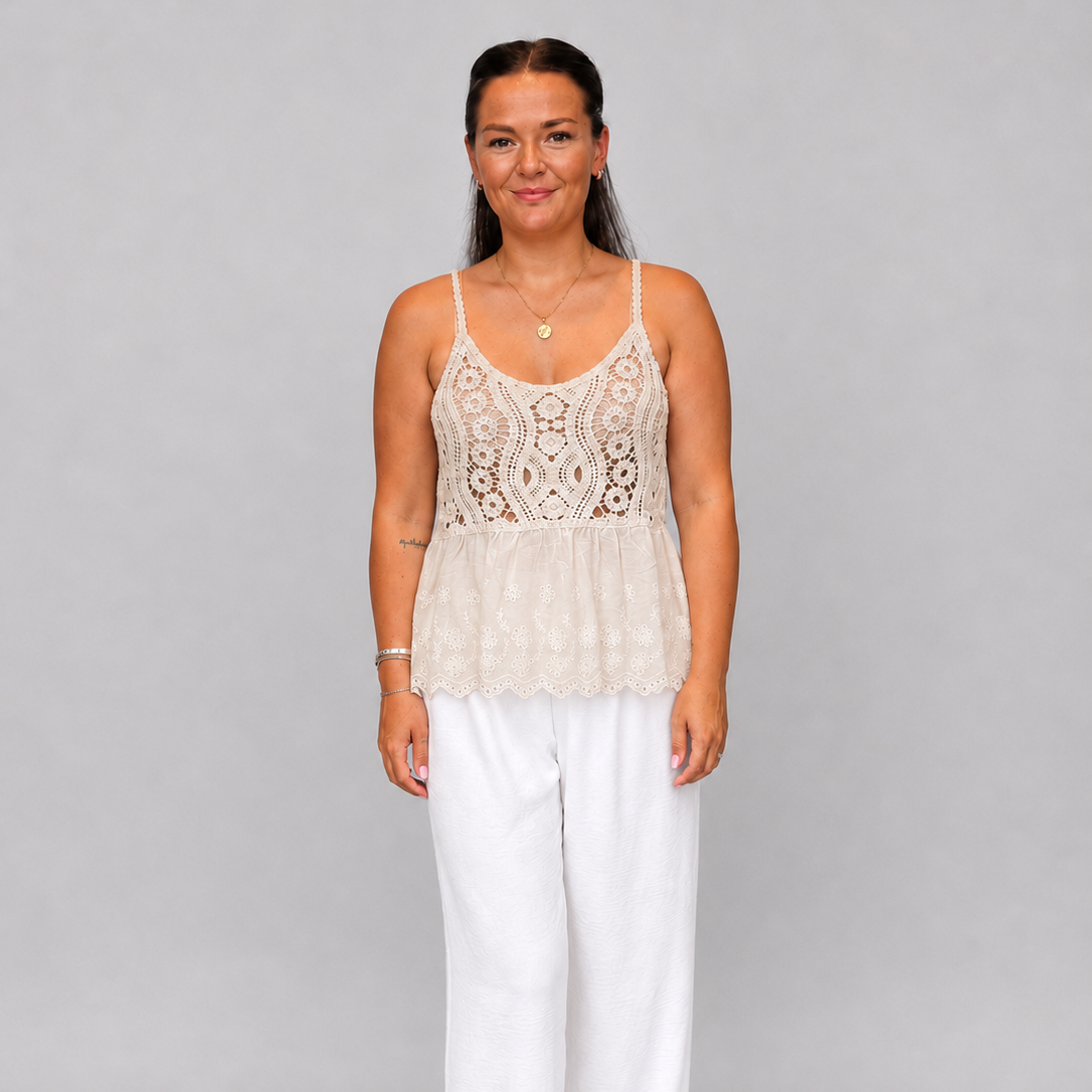 Women's Cream Crochet Lace Peplum Cami Top with Adjustable Straps – Lightweight Boho Summer Vest
