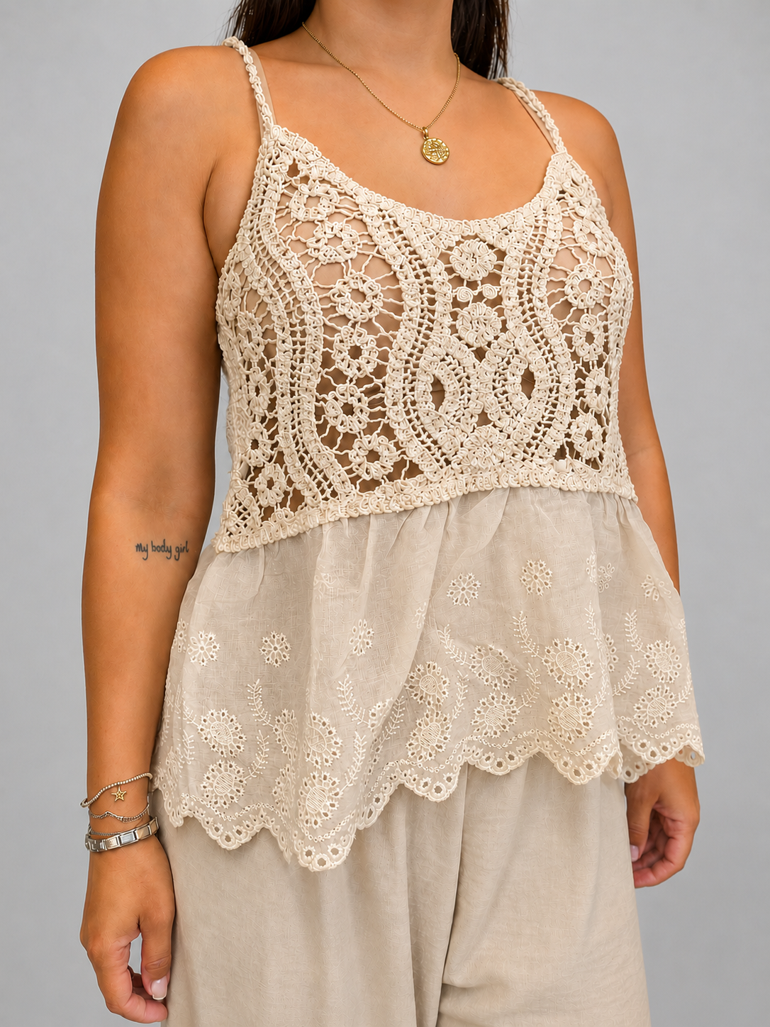 Women's Cream Crochet Lace Peplum Cami Top with Adjustable Straps – Lightweight Boho Summer Vest