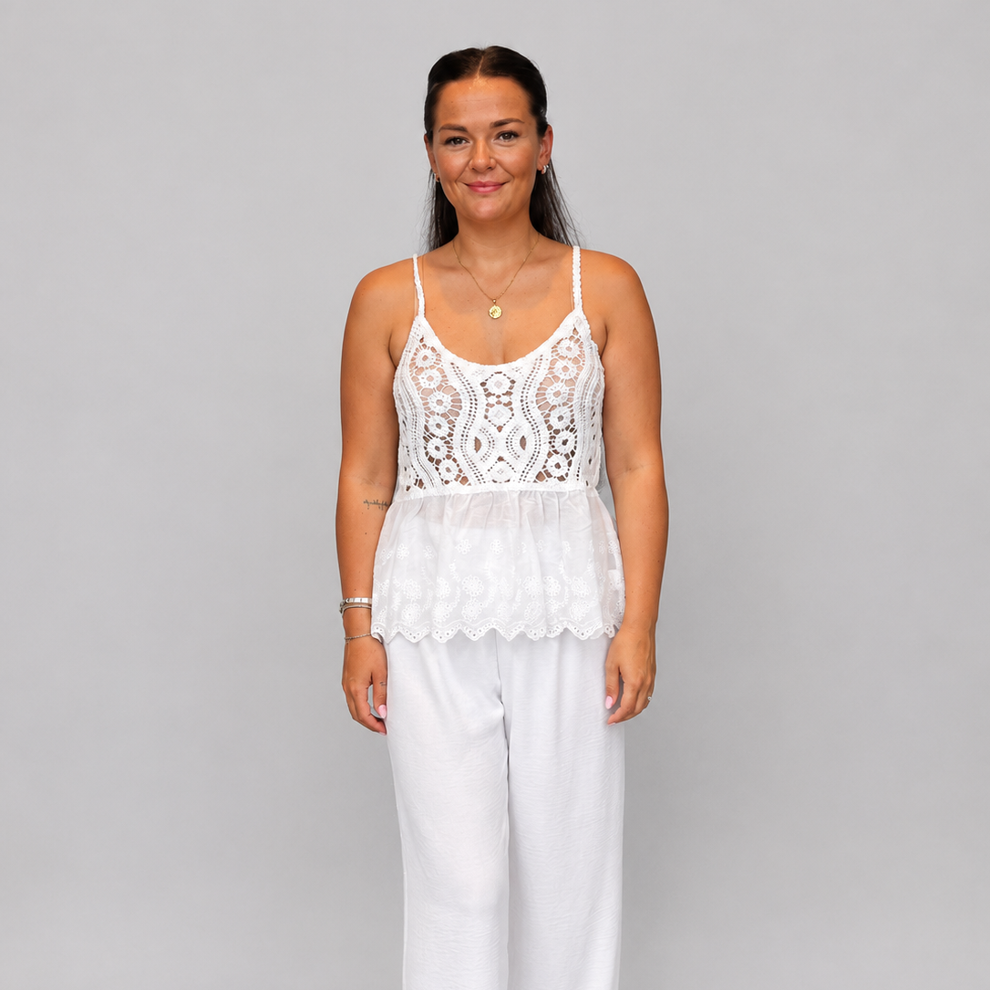 Women's Cream Crochet Lace Peplum Cami Top with Adjustable Straps – Lightweight Boho Summer Vest
