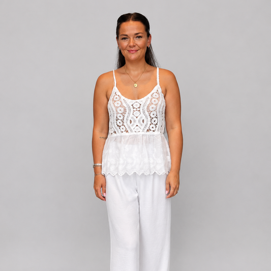 Women's Cream Crochet Lace Peplum Cami Top with Adjustable Straps – Lightweight Boho Summer Vest