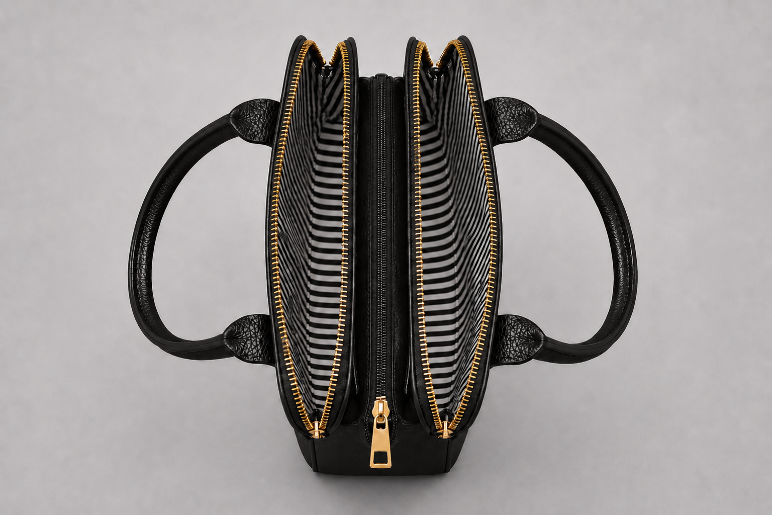 The Chelsea Tote Bag in Black featuring a structured design, pebbled faux leather finish, double zip compartments, gold-tone hardware, and embossed logo detail on a light grey studio background.