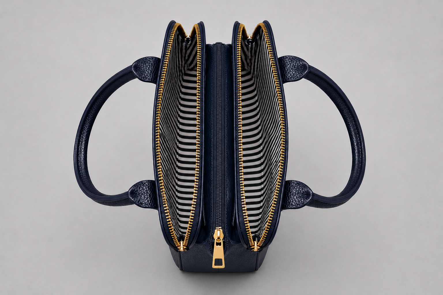 The Chelsea Tote Bag in Navy Blue featuring a structured design, pebbled faux leather finish, double zip compartments, gold-tone hardware, and embossed logo detail on a light grey studio background.