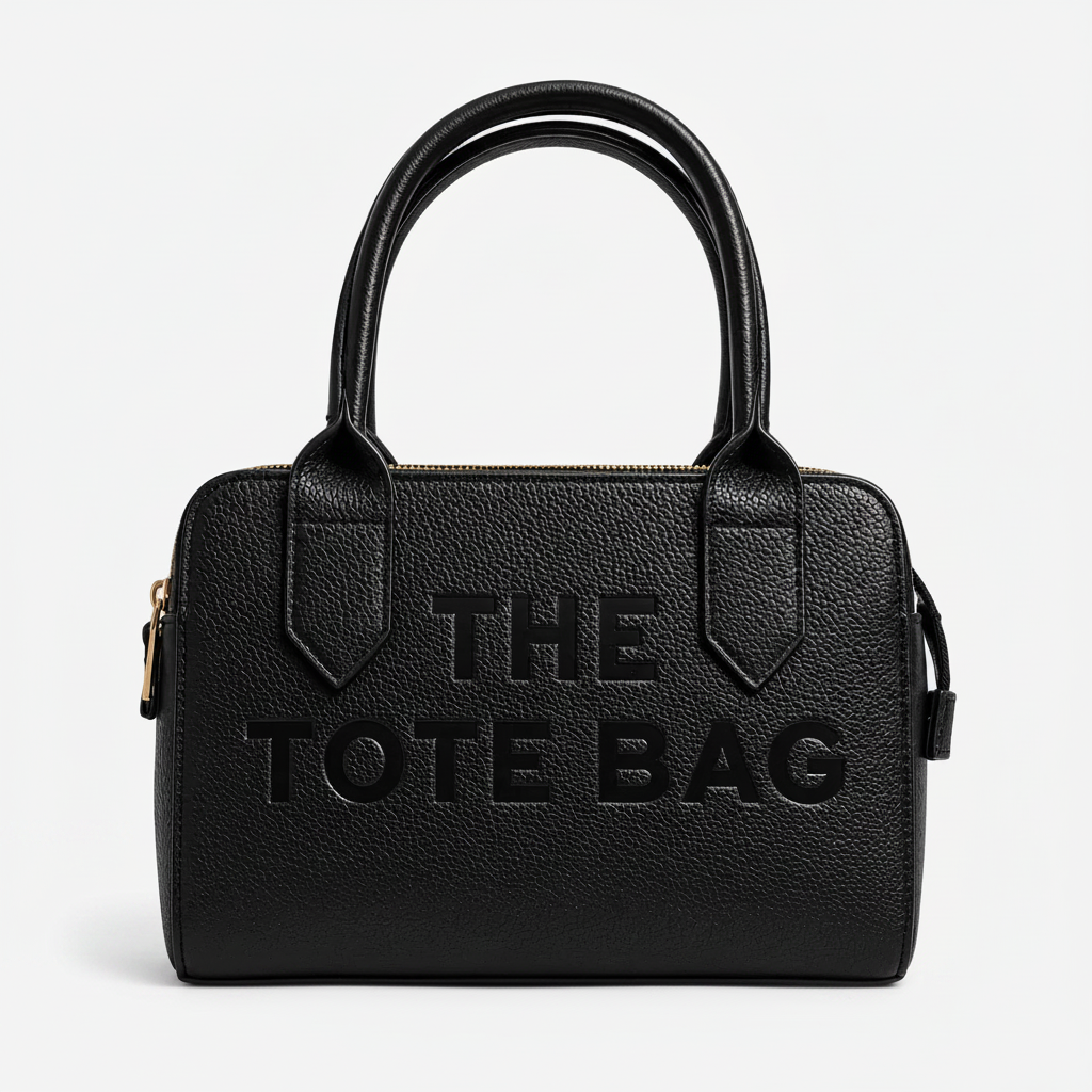 The Chelsea Tote Bag in Black featuring a structured design, pebbled faux leather finish, double zip compartments, gold-tone hardware, and embossed logo detail on a light grey studio background.